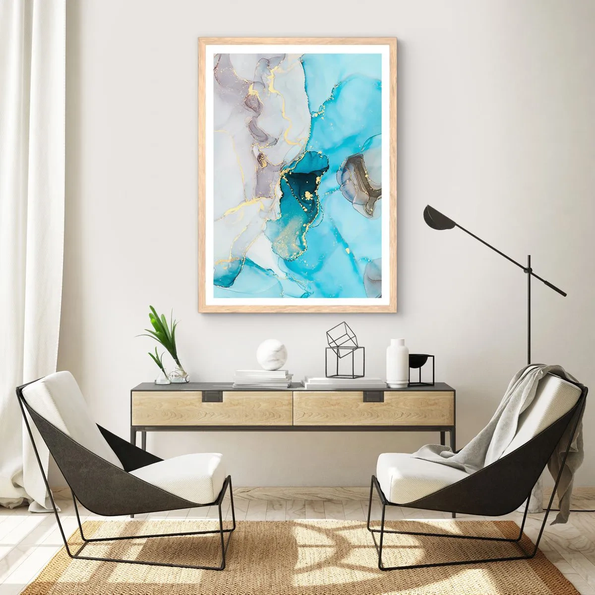 Poster in einem Rahmen aus heller Eiche - Eine Studie über das Zusammentreffen von Grau und Türkis - 30x40 cm