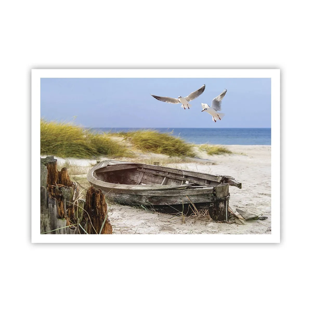 Poster - Verlassenes Boot an einem Strand mit Möwen - 100x70cm - In Wind gebadet - Moderne Wanddekoration für Wohnzimmer und Schlafzimmer ARTTOR