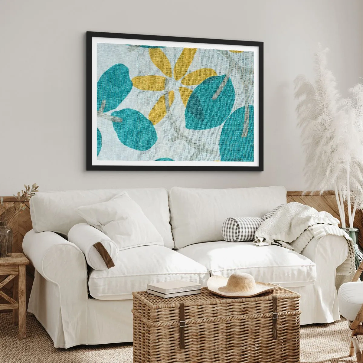 Poster in einem schwarzem Rahmen - Blätter in Türkis- und Gelbtönen auf hellem Hintergrund - 70x50cm - Unter den azurblauen Blättern - Moderne Wanddekoration für Wohnzimmer und Schlafzimmer ARTTOR