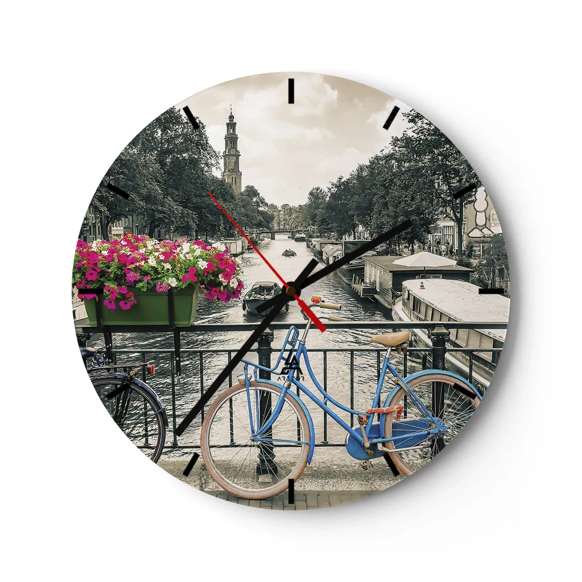 Wanduhr - Glasuhr - Eine Fahrradbrücke über einen Kanal in Amsterdam - 30x30cm - Die Farben der Amsterdamer Straße - Moderne Wanddekoration für Wohnzimmer, Küche und Schlafzimmer ARTTOR