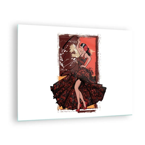 Glasbild - Bild auf glas - Flamenco-Tänzerin in einem eleganten rot-schwarzen Kleid - 70x50cm - Im Rhythmus des Herzens - Moderne Wanddekoration für Wohnzimmer und Schlafzimmer ARTTOR