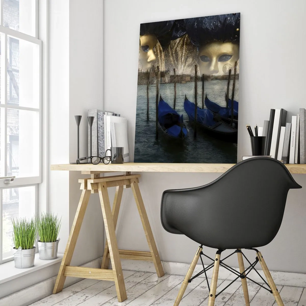Glasbild - Bild auf glas - Venedig mit Gondeln und Karnevalsmasken - 50x70cm - Es ist Zeit, den Karneval zu starten - Moderne Wanddekoration für Wohnzimmer und Schlafzimmer ARTTOR