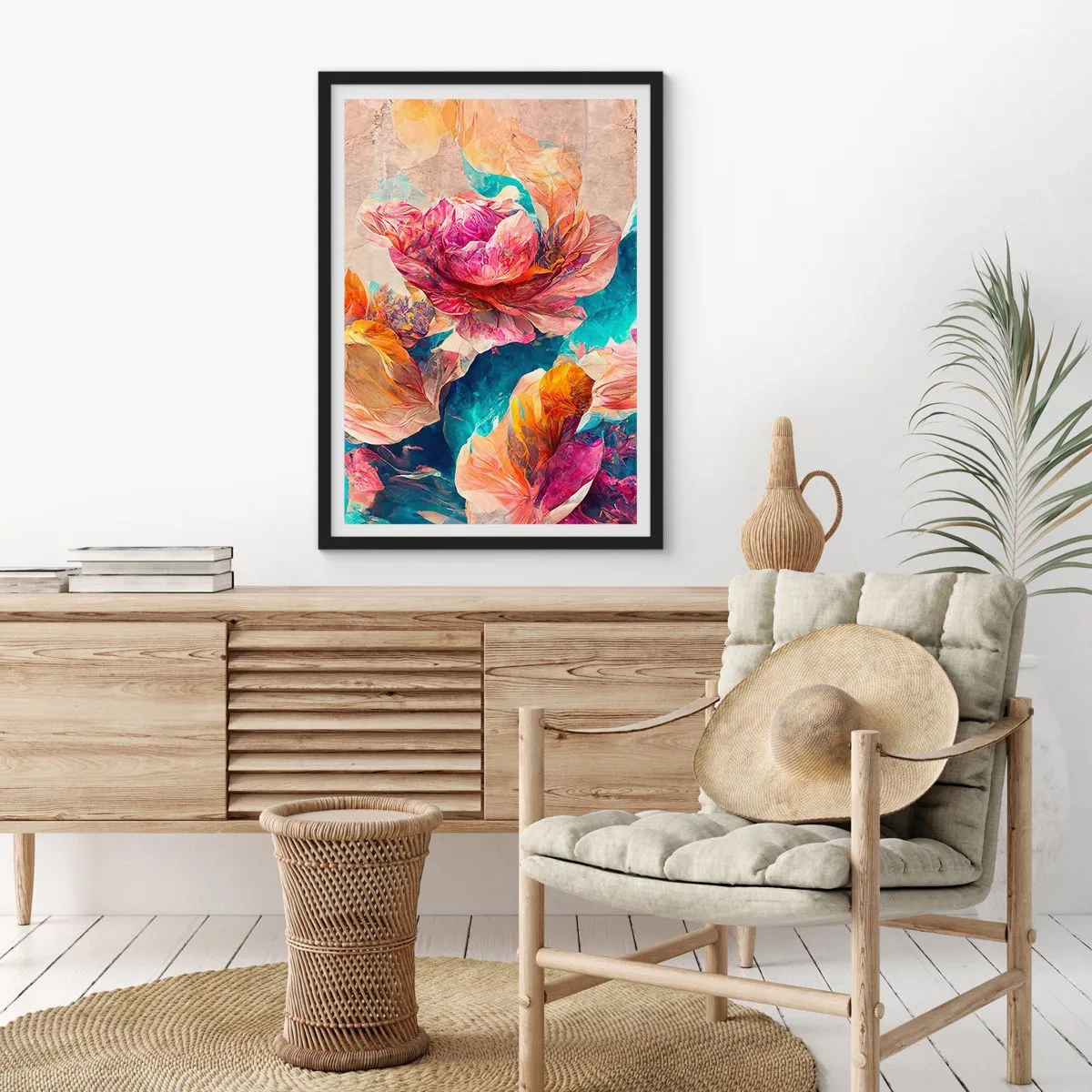 Poster in einem schwarzem Rahmen - Abstrakte Blumen in Rosa- und Türkistönen - 50x70cm - Farbenpracht des Straußes - Moderne Wanddekoration für Wohnzimmer und Schlafzimmer ARTTOR