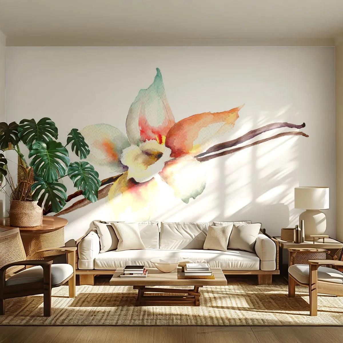 Selbstklebende Fototapete Deluxe Sticker - Süße mit Farbe verschüttet - Vanilleblüte, Blume, Vanillestange - 350x256 cm