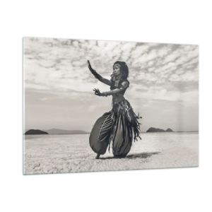Glasbild - Bild auf glas - Schwarz-Weiß-Fotografie einer Tänzerin in der Wüste - 120x80cm - Der Tanz der südlichen Inseln - Moderne Wanddekoration für Wohnzimmer und Schlafzimmer ARTTOR