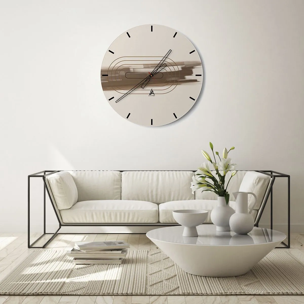 Wanduhr - Glasuhr - Ein minimalistisches Muster mit Linien und beigem Hintergrund. - 30x30cm - Ein Hauch von Grau - Moderne Wanddekoration für Wohnzimmer, Küche und Schlafzimmer ARTTOR