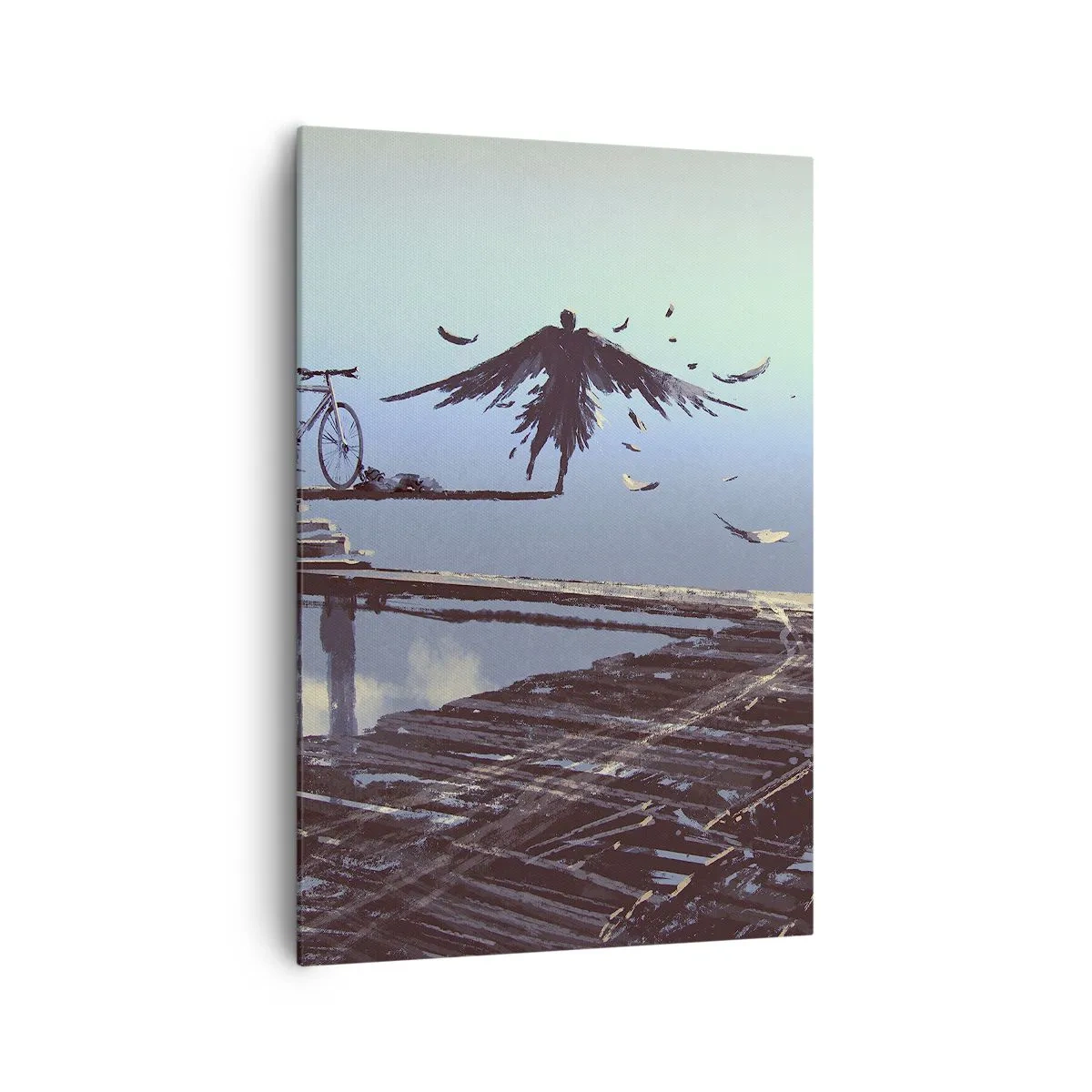 Bild auf Leinwand - Leinwandbild - Eine Figur mit Federn schwebt über einer Holzbrücke neben einem Fahrrad. - 70x100cm - Ikarus lebt für immer - Moderne Wanddekoration für Wohnzimmer und Schlafzimmer ARTTOR