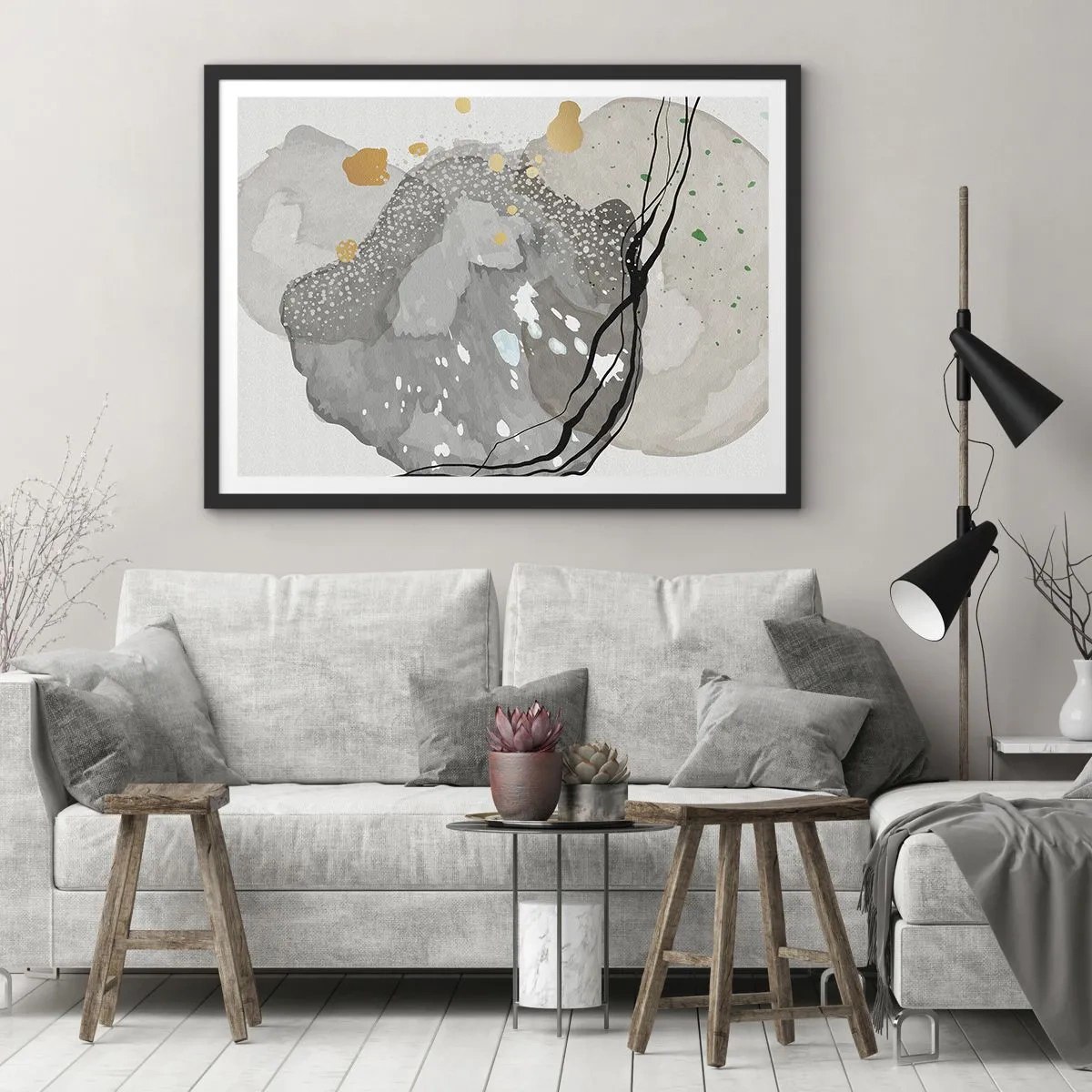 Poster in einem schwarzem Rahmen - Organische Formen in Grautönen mit Akzenten in Schwarz und Gold - 70x50cm - Organische Komposition - Moderne Wanddekoration für Wohnzimmer und Schlafzimmer ARTTOR