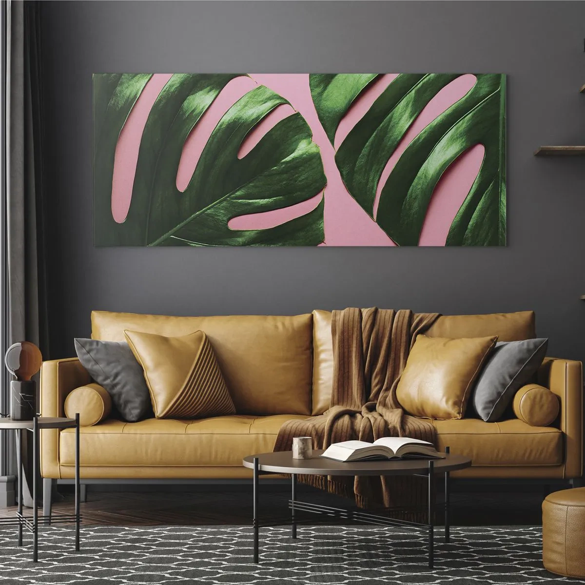 Glasbild - Bild auf glas - Grüne Monstera-Blätter auf rosa Hintergrund - 120x50cm - Rendezvous im Grünen - Moderne Wanddekoration für Wohnzimmer und Schlafzimmer ARTTOR