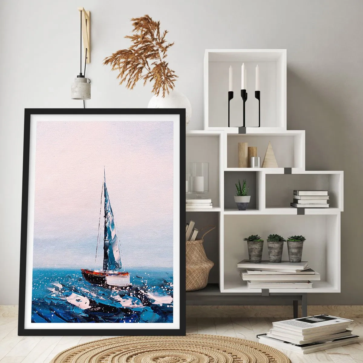 Poster in einem schwarzem Rahmen - Ein Segelboot auf stürmischem Meer im malerischen Stil - 50x70cm - Bruderschaft des Windes - Moderne Wanddekoration für Wohnzimmer und Schlafzimmer ARTTOR