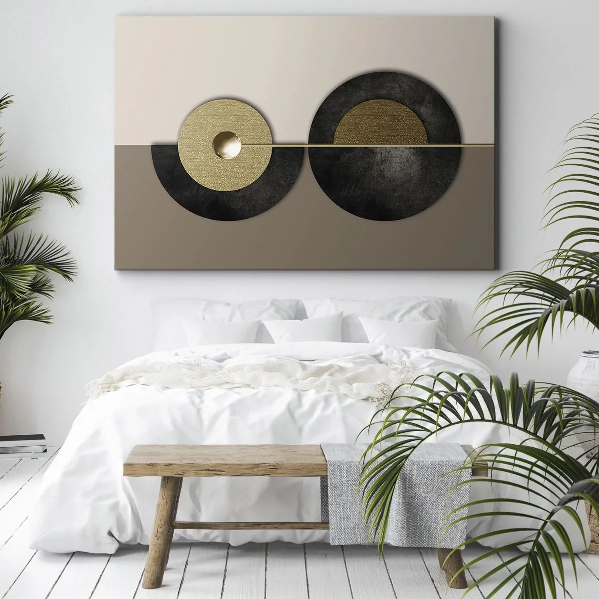 Bild auf Leinwand - Leinwandbild - Abstrakte Kreise in Gold- und Brauntönen - 70x50cm - Variationen rund um den Kreis - Moderne Wanddekoration für Wohnzimmer und Schlafzimmer ARTTOR