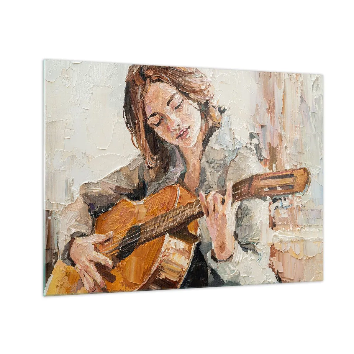 Glasbild - Bild auf glas - Ein Mädchen, das im impressionistischen Stil Gitarre spielt - 70x50cm - Konzert für Gitarre und Mädchenherz - Moderne Wanddekoration für Wohnzimmer und Schlafzimmer ARTTOR