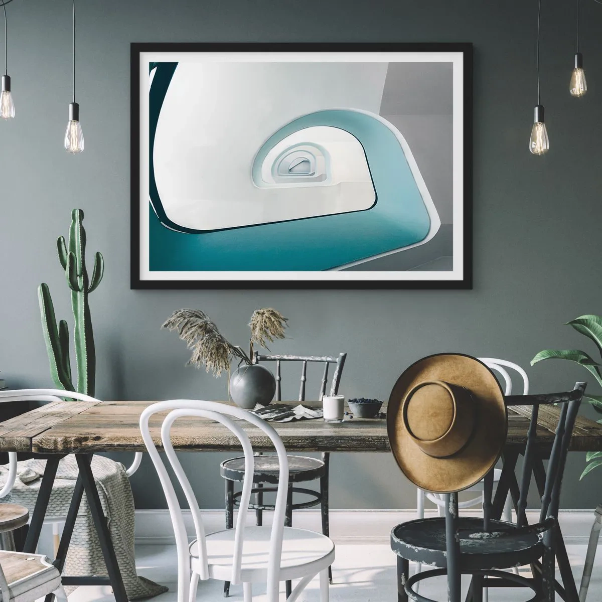 Poster in einem schwarzem Rahmen - Minimalistische Architektur mit abgerundeten Linien - 70x50cm - Bis zum Ende des Blaus - Moderne Wanddekoration für Wohnzimmer und Schlafzimmer ARTTOR