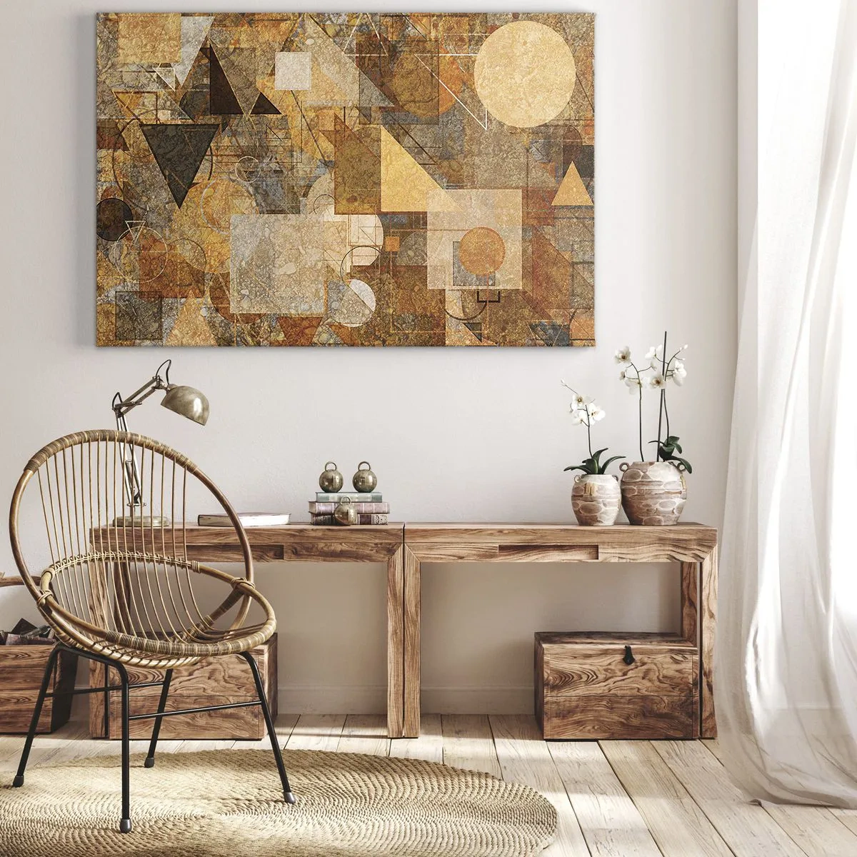 Bild auf Leinwand - Leinwandbild - Abstrakte geometrische Figuren in warmen Farbtönen - 70x50cm - Eine kubistische Studie aus Bronze - Moderne Wanddekoration für Wohnzimmer und Schlafzimmer ARTTOR