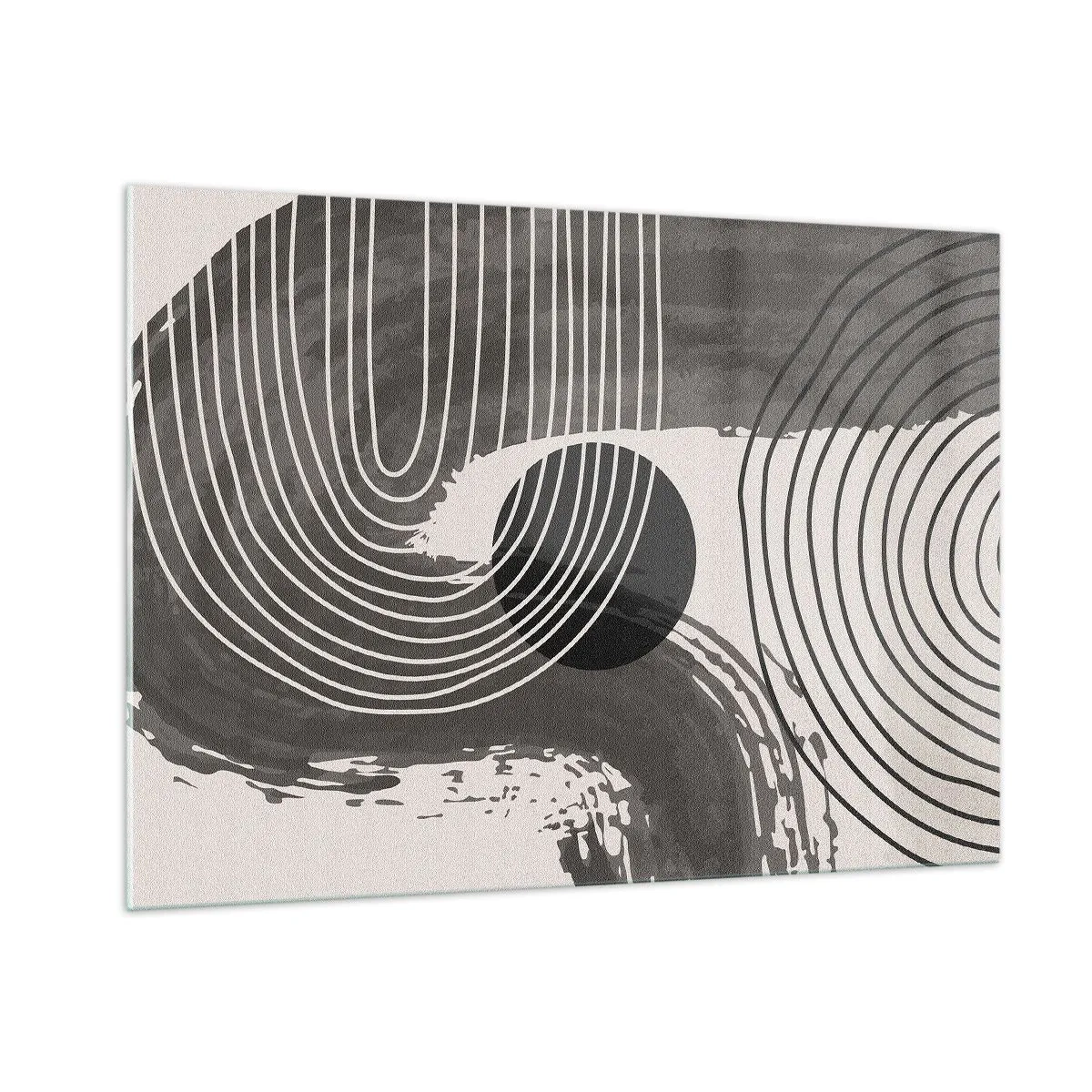 Glasbild - Bild auf glas - Moderne Abstraktion mit schwarzen und weißen Linien und einem Oval - 100x70cm - Oval gewinnt - Moderne Wanddekoration für Wohnzimmer und Schlafzimmer ARTTOR