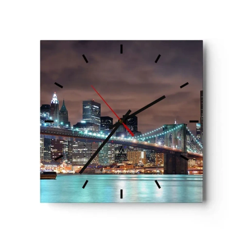 Wanduhr - Glasuhr - Die nachts beleuchtete Brücke vor dem Hintergrund des modernen Stadtpanoramas - 30x30cm - Lichter der Großstadt - Moderne Wanddekoration für Wohnzimmer und Schlafzimmer ARTTOR
