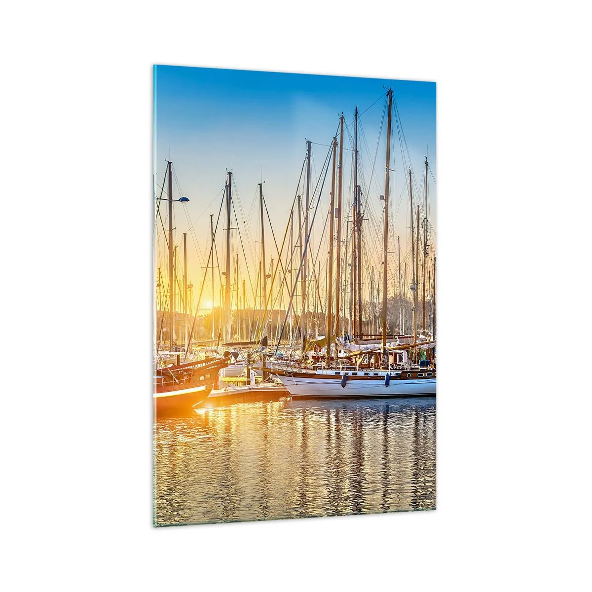 Glasbild - Bild auf glas - Sonnenuntergang über einem Yachthafen voller Segelboote - 70x100cm - Der Wind muss auch schlafen - Moderne Wanddekoration für Wohnzimmer und Schlafzimmer ARTTOR