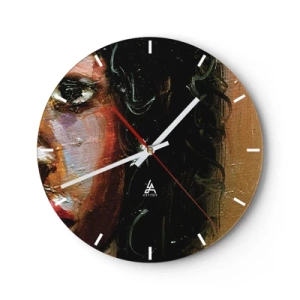Wanduhr - Glasuhr - Ein Fragment eines Frauenporträts, gemalt mit dicker Ölfarbe. - 30x30cm - Schwarz und Glanz - Moderne Wanddekoration für Wohnzimmer, Küche und Schlafzimmer ARTTOR