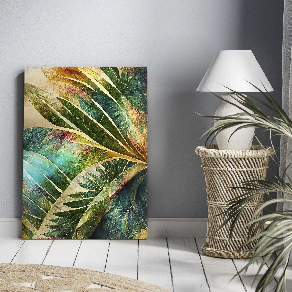 Bild auf Leinwand - Leinwandbild - Bunte tropische Blätter auf hellem Hintergrund - 80x120cm - Farben der Tropen - Moderne Wanddekoration für Wohnzimmer und Schlafzimmer ARTTOR