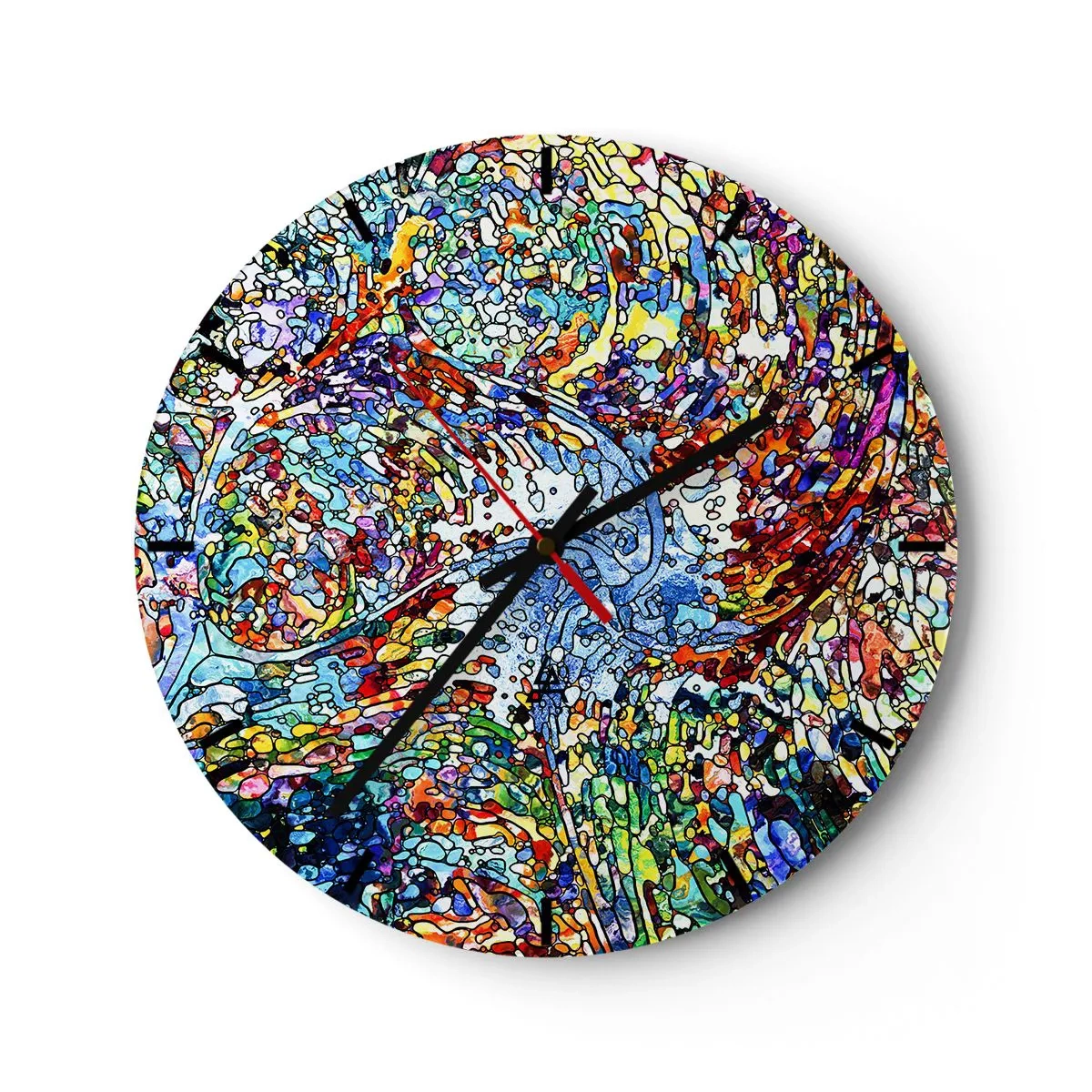 Wanduhr - Glasuhr - Ein farbenfrohes Mosaik im abstrakten Stil voller Energie - 30x30cm - Glasmalerei Wassertropfen - Moderne Wanddekoration für Wohnzimmer, Küche und Schlafzimmer ARTTOR