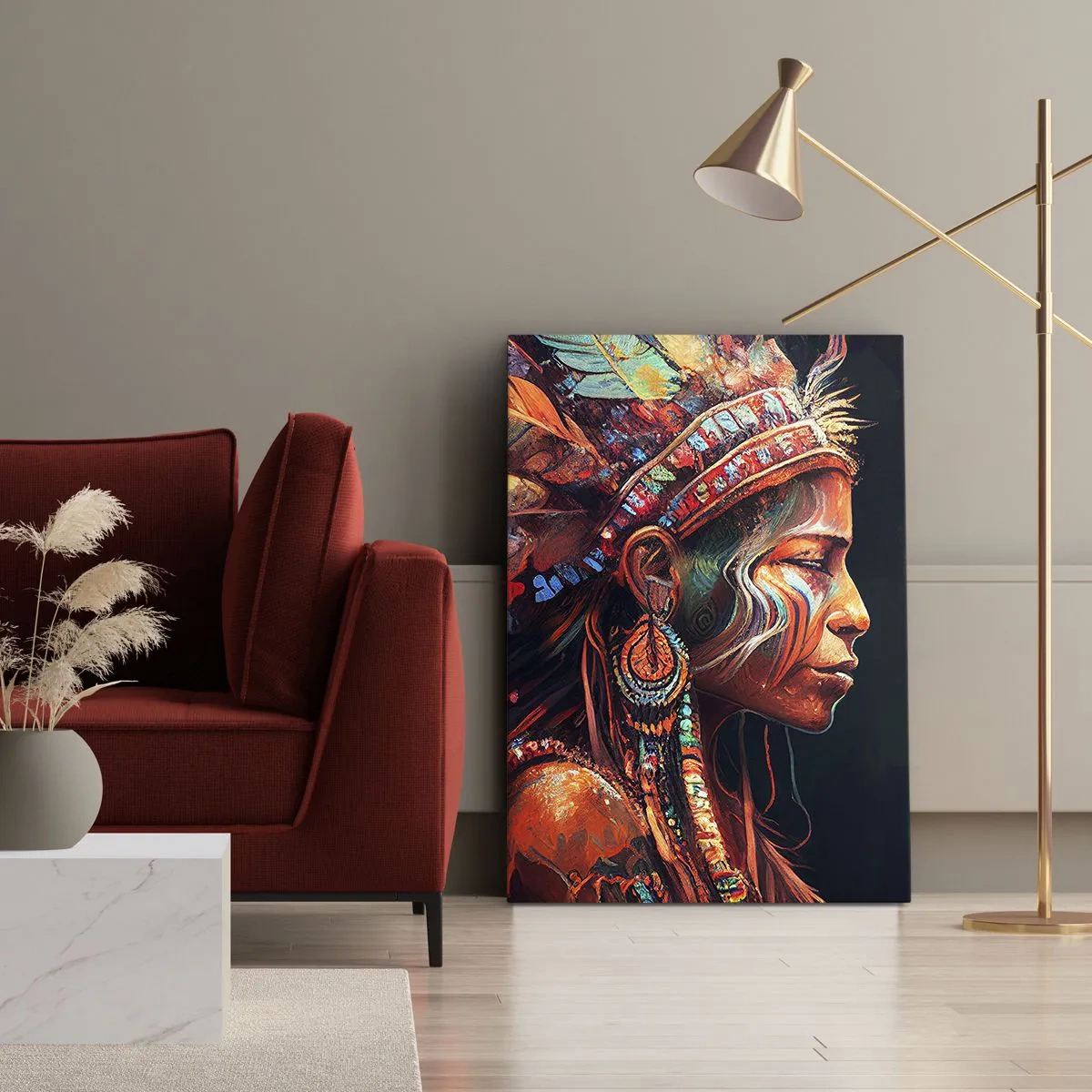 Bild auf Leinwand - Leinwandbild - Eine farbenfrohe Figur im Ethno-Stil mit einer Tasse dampfenden Getränks - 50x70cm - Magisches Ritual - Moderne Wanddekoration für Wohnzimmer und Schlafzimmer ARTTOR