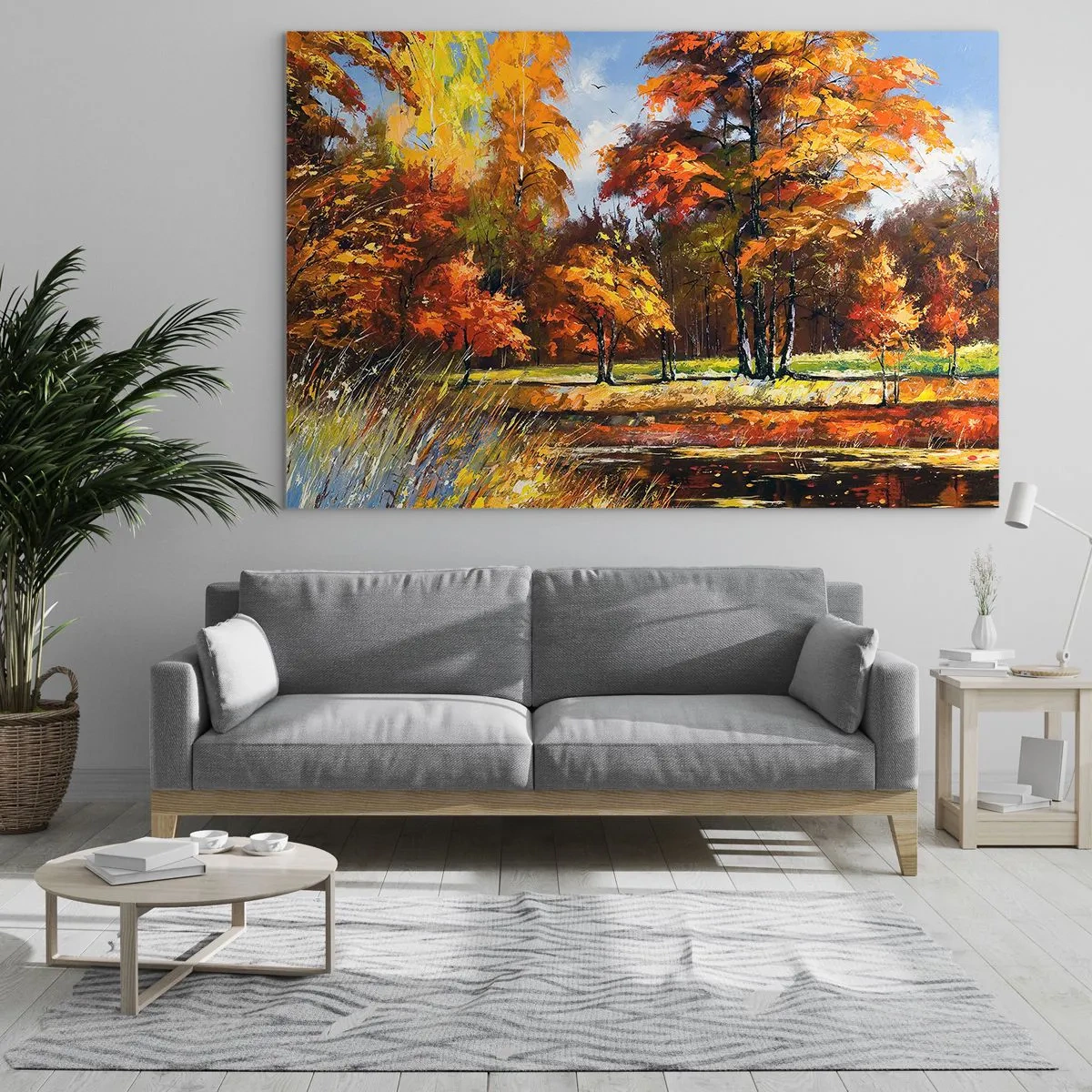 Glasbild - Bild auf glas - Herbstlandschaft mit Bäumen und Spiegelung im Wasser - 70x50cm - Landschaft in Gold und Bronze - Moderne Wanddekoration für Wohnzimmer und Schlafzimmer ARTTOR