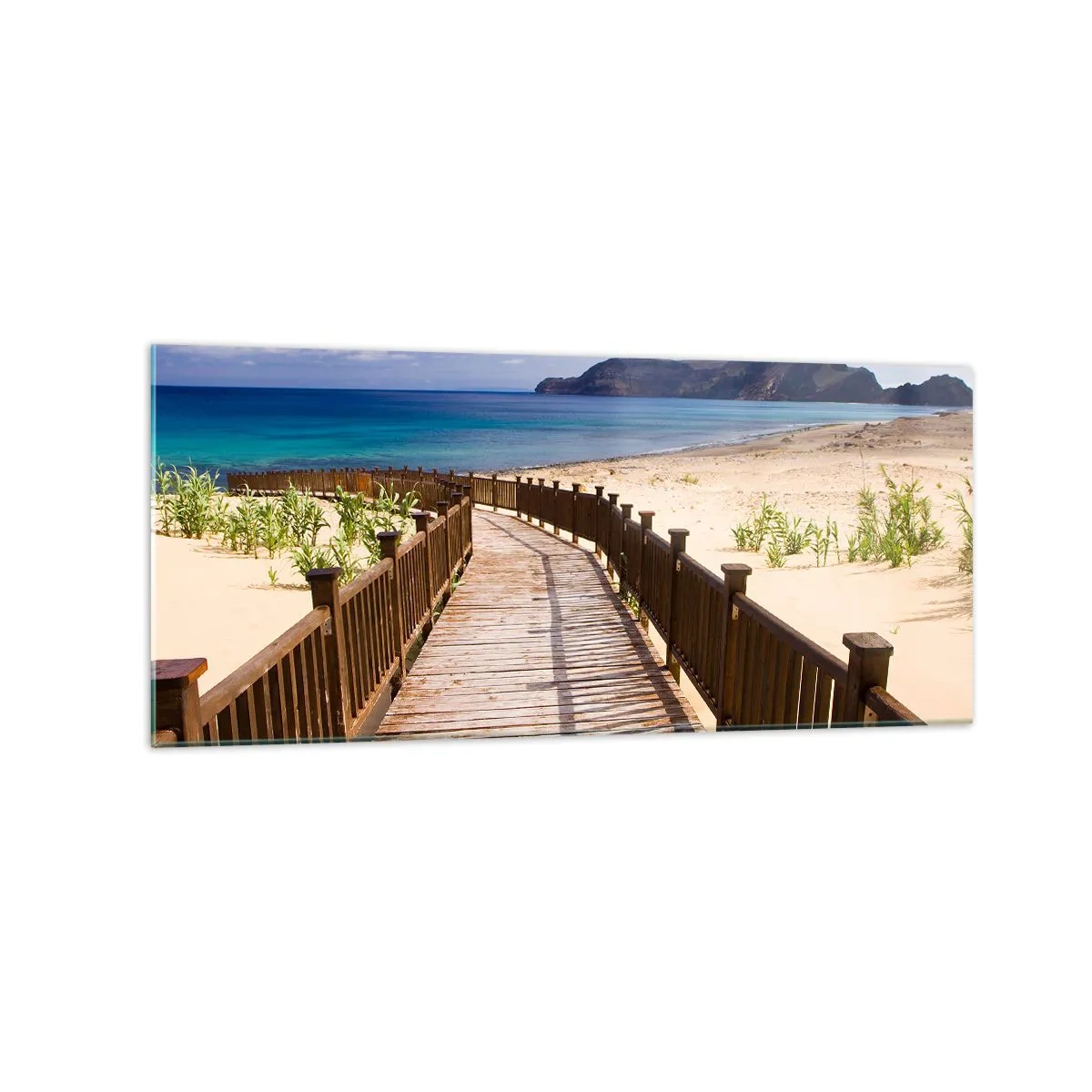 Glasbild - Bild auf glas - Holzweg zum Strand mit Meerblick - 120x50cm - Bring mich zu den glücklichen Inseln - Moderne Wanddekoration für Wohnzimmer und Schlafzimmer ARTTOR
