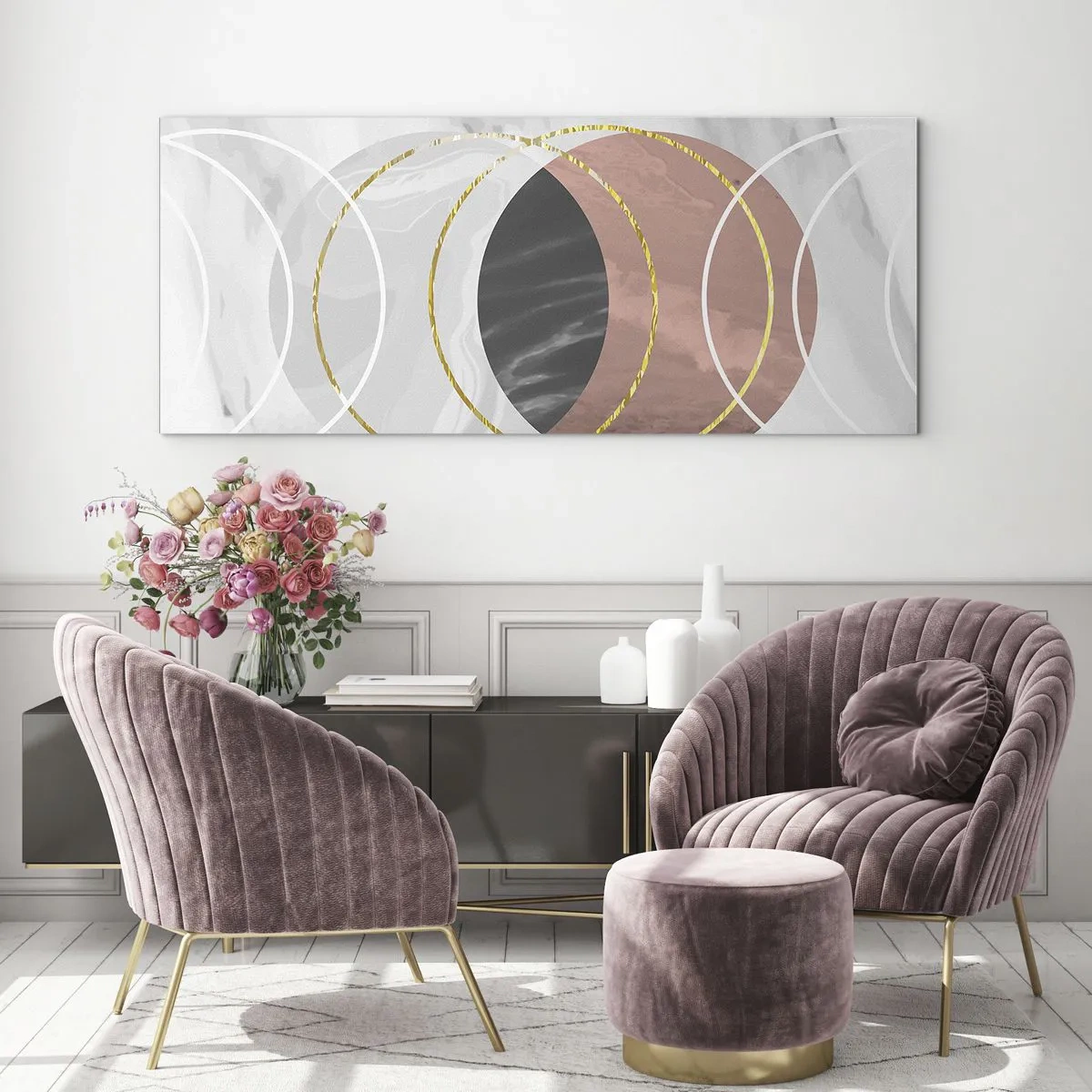 Glasbild - Bild auf glas - Abstrakte geometrische Komposition mit Kreisen und metallischen Details - 160x50cm - Musik der Sphären - Moderne Wanddekoration für Wohnzimmer und Schlafzimmer ARTTOR