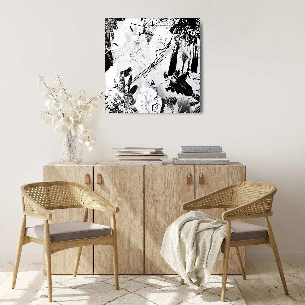 Wanduhr - Glasuhr - Schwarz-weiße abstrakte Blumen im minimalistischen Stil - 30x30cm - Herbst negativ - Moderne Wanddekoration für Wohnzimmer und Schlafzimmer ARTTOR