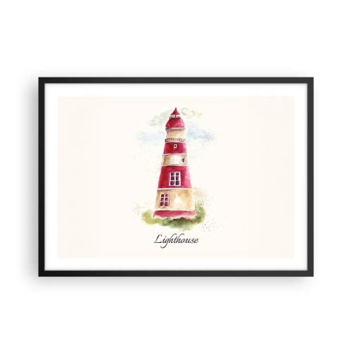 Poster in einem schwarzem Rahmen - Ein Aquarell eines Leuchtturms auf hellem Hintergrund mit einer Inschrift - 70x50cm - Das Wetter ringsum ist immer gut - Moderne Wanddekoration für Wohnzimmer und Schlafzimmer ARTTOR