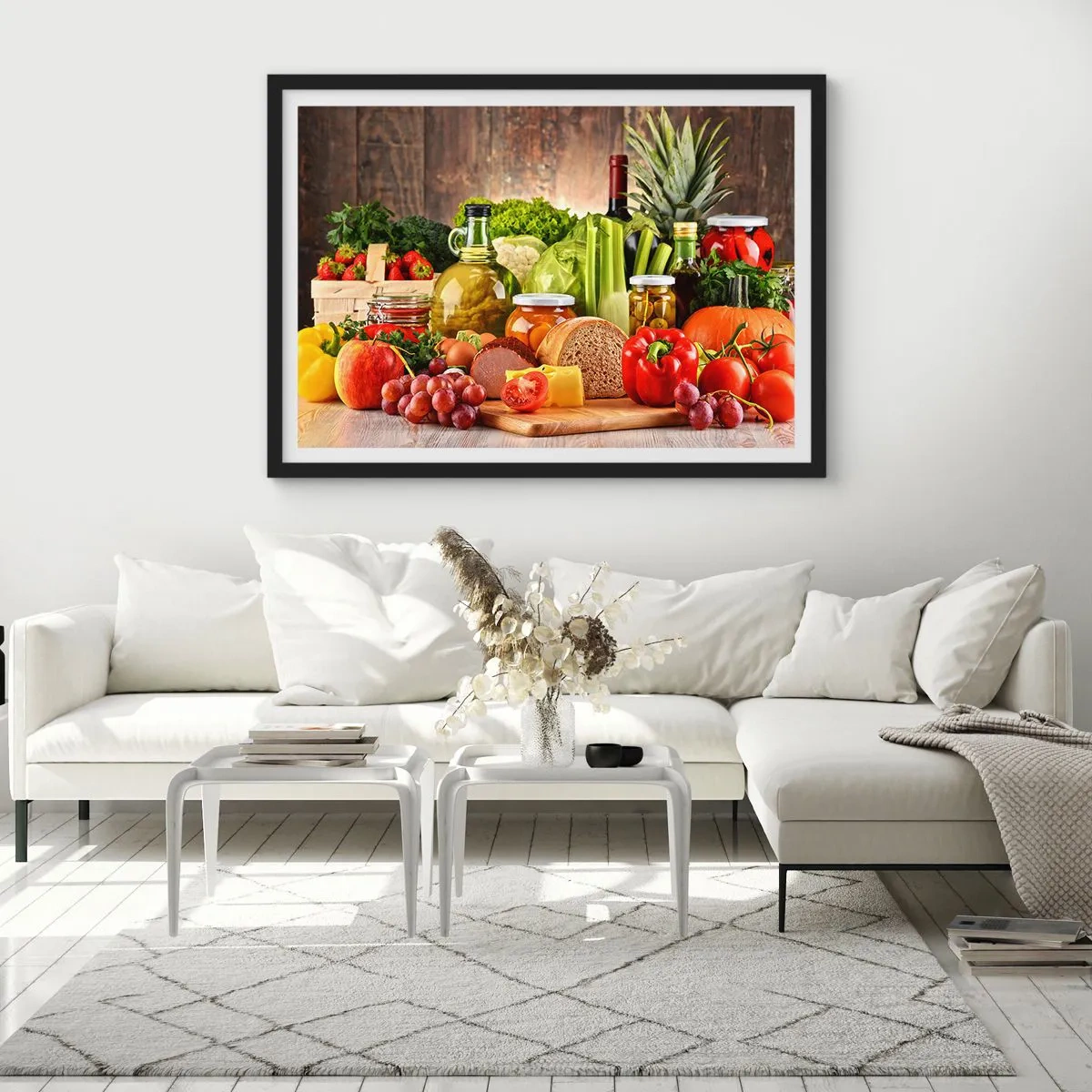 Poster in einem schwarzem Rahmen - Buntes Obst, Gemüse und Lebensmittel - 100x70cm - Geräuchert, gebacken und eingelegt - Moderne Wanddekoration für Wohnzimmer und Schlafzimmer ARTTOR