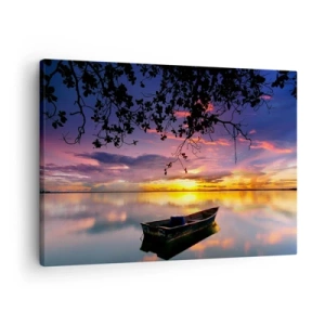 Bild auf Leinwand - Leinwandbild - Ein Boot auf ruhigem Wasser bei Sonnenuntergang - 70x50cm - Du scheinst mitten am Himmel zu hängen... - Moderne Wanddekoration für Wohnzimmer und Schlafzimmer ARTTOR