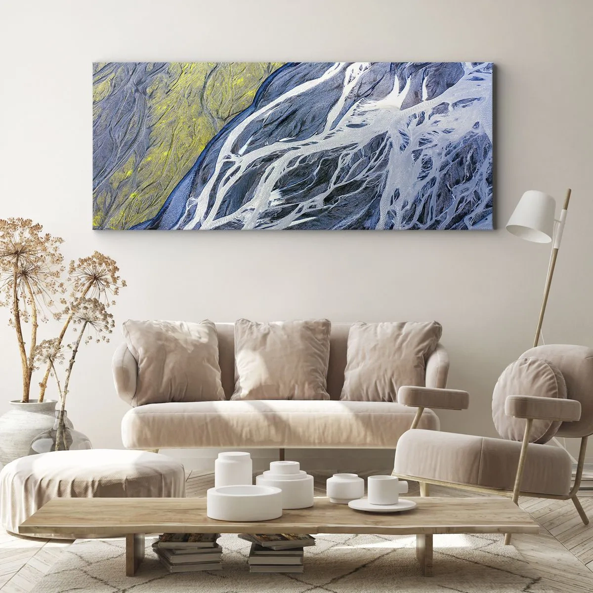 Bild auf Leinwand - Leinwandbild - Abstrakte Vogelperspektive auf mäandernde Flussbetten - 120x50cm - Felsmalereien der Natur - Moderne Wanddekoration für Wohnzimmer und Schlafzimmer ARTTOR