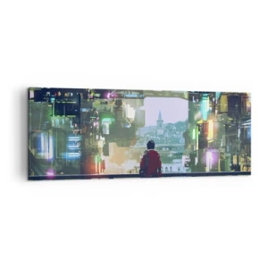Bild auf Leinwand - Leinwandbild - Eine Figur in einer futuristischen Stadt mit Neonlichtern - 140x50cm - Zwei Welten - Moderne Wanddekoration für Wohnzimmer und Schlafzimmer ARTTOR