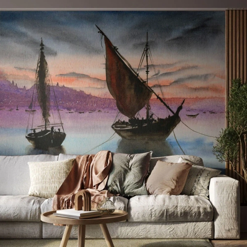 Fototapete Premium Canvas - Abend am Hafen - Segelboote, Strand, Landschaft - 350x256 cm