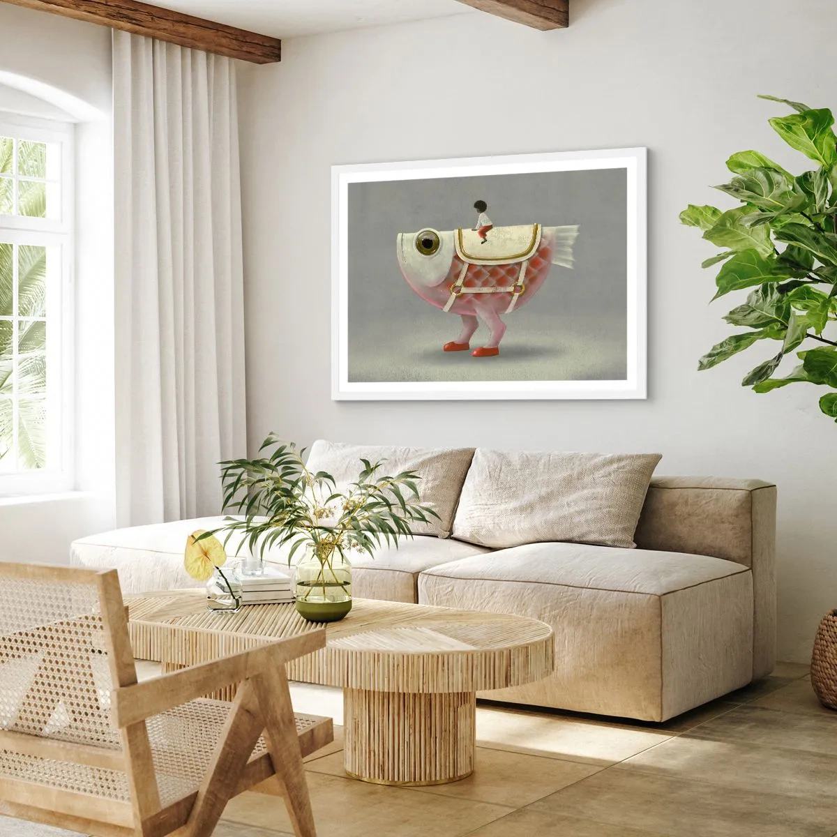 Poster in einem weißen Rahmen - Reiter auf einem surrealen Fisch - 91x61 cm