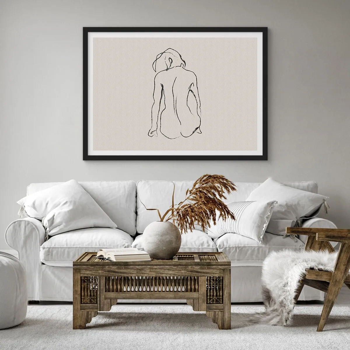 Poster in einem schwarzem Rahmen - Eine subtile Skizze der Silhouette eines Mädchens von hinten - 70x50cm - Mädchenakt - Moderne Wanddekoration für Wohnzimmer und Schlafzimmer ARTTOR