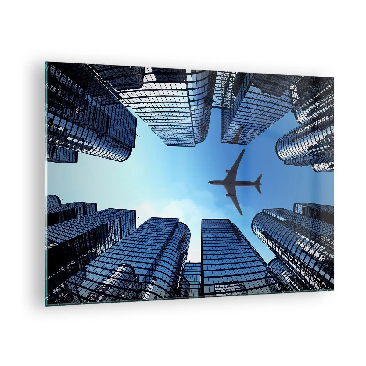 Glasbild - Bild auf glas - Blick auf das Flugzeug zwischen Wolkenkratzern - 70x50cm - Der Blick aus der Glasschlucht - Moderne Wanddekoration für Wohnzimmer und Schlafzimmer ARTTOR