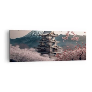 Bild auf Leinwand - Leinwandbild - Ein japanischer Tempel, umgeben von Kirschblüten und Bergen - 140x50cm - Land der Kirschblüten - Moderne Wanddekoration für Wohnzimmer und Schlafzimmer ARTTOR