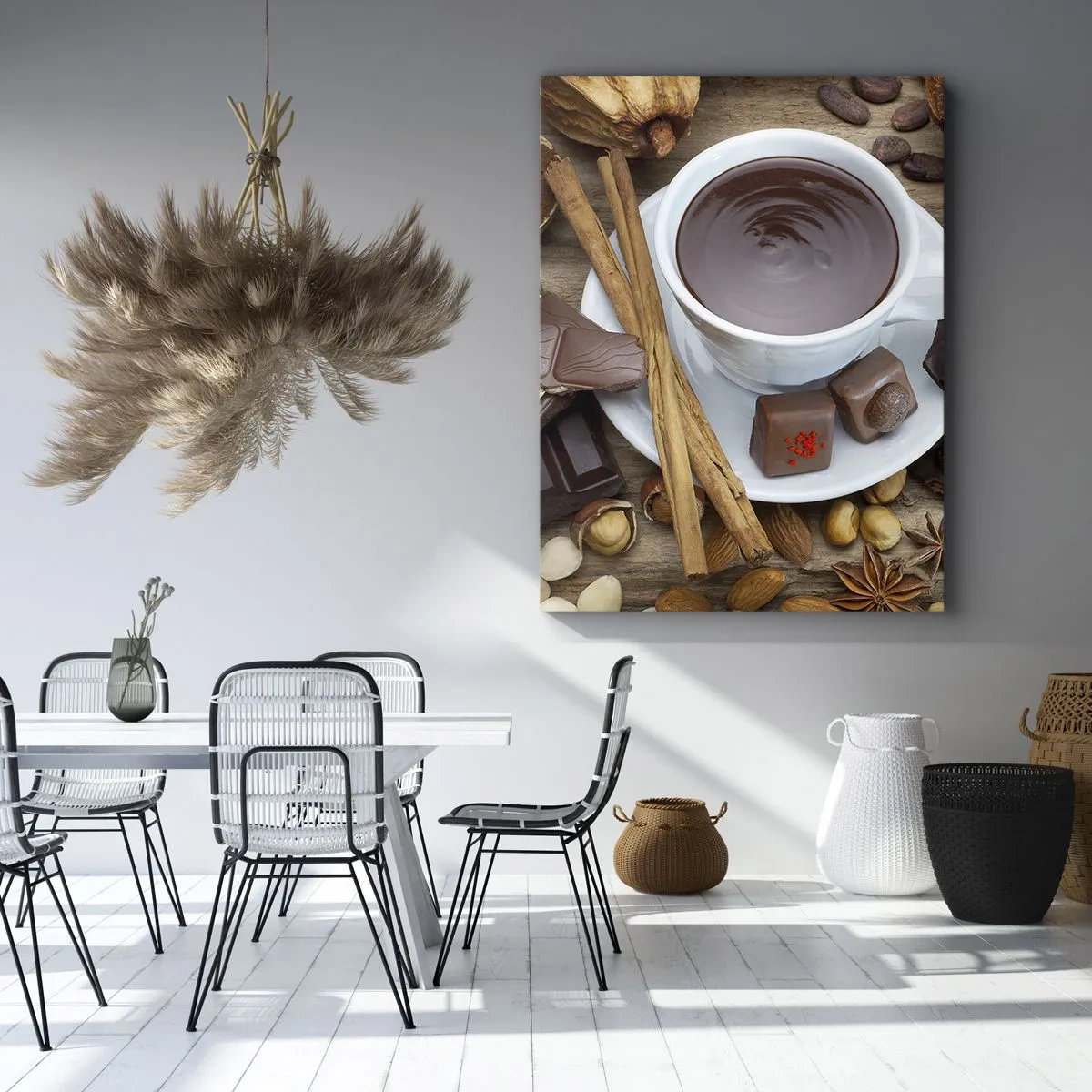 Bild auf Leinwand - Leinwandbild - Eine Tasse heiße Schokolade, umgeben von Dessertzutaten - 50x70cm - Aus einer märchenhaften Schokoladenfabrik - Moderne Wanddekoration für Wohnzimmer und Schlafzimmer ARTTOR