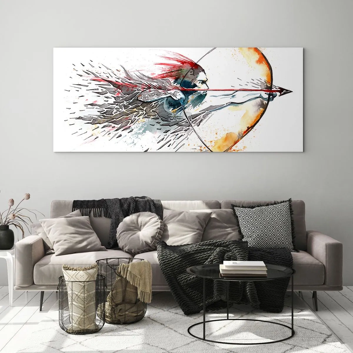 Glasbild - Bild auf glas - Mythischer Krieger mit feurigem Bogen - 90x30 cm