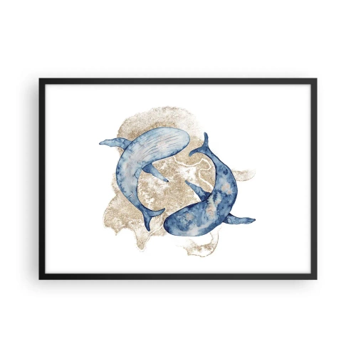 Poster in einem schwarzem Rahmen - Abstrakte Blauwale auf hellem Hintergrund - 70x50cm - Freundschaft oder Liebe? - Moderne Wanddekoration für Wohnzimmer und Schlafzimmer ARTTOR