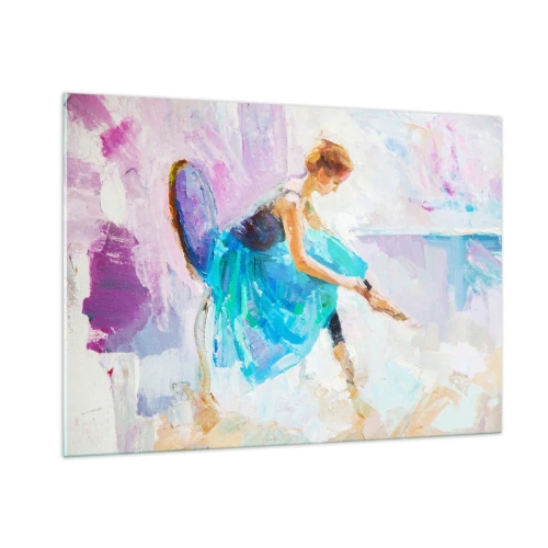 Glasbild - Bild auf glas - Eine Ballerina in einem blauen Kleid vor einem impressionistischen Hintergrund - 100x70cm - Unbeschreibliche Anmut, subtiler Charme - Moderne Wanddekoration für Wohnzimmer und Schlafzimmer ARTTOR