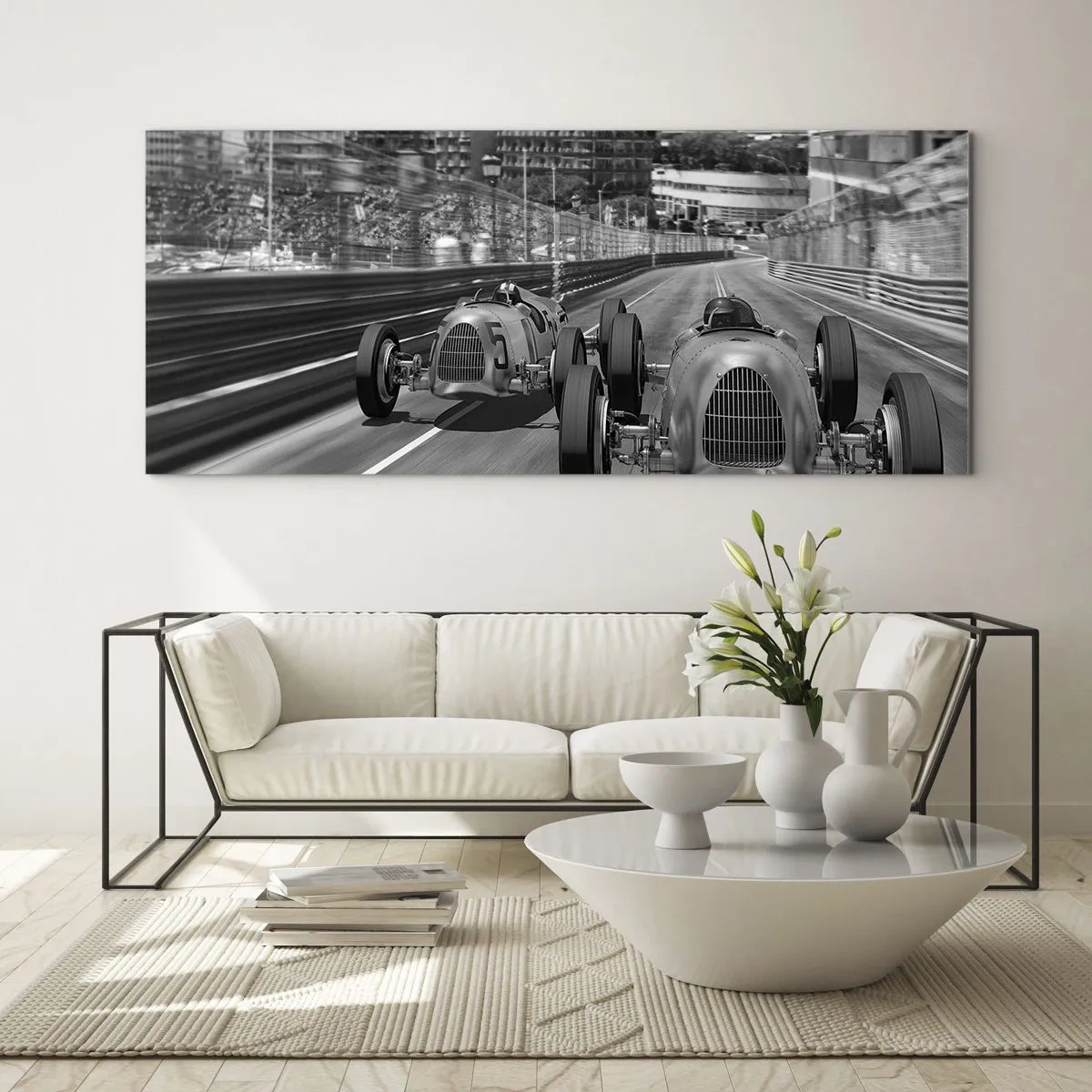 Glasbild - Bild auf glas - Monochrome Retro-Autorennen-Szene - 140x50cm - Vor langer Zeit in Monte Carlo - Moderne Wanddekoration für Wohnzimmer und Schlafzimmer ARTTOR
