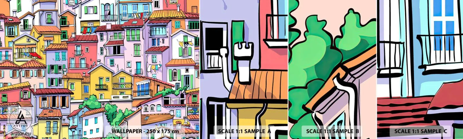 Fototapeten Muster Selbstklebend Deluxe Sticker - Lustige Stadt - Stadt, Mietshäuser, Häuser - 100x30 cm