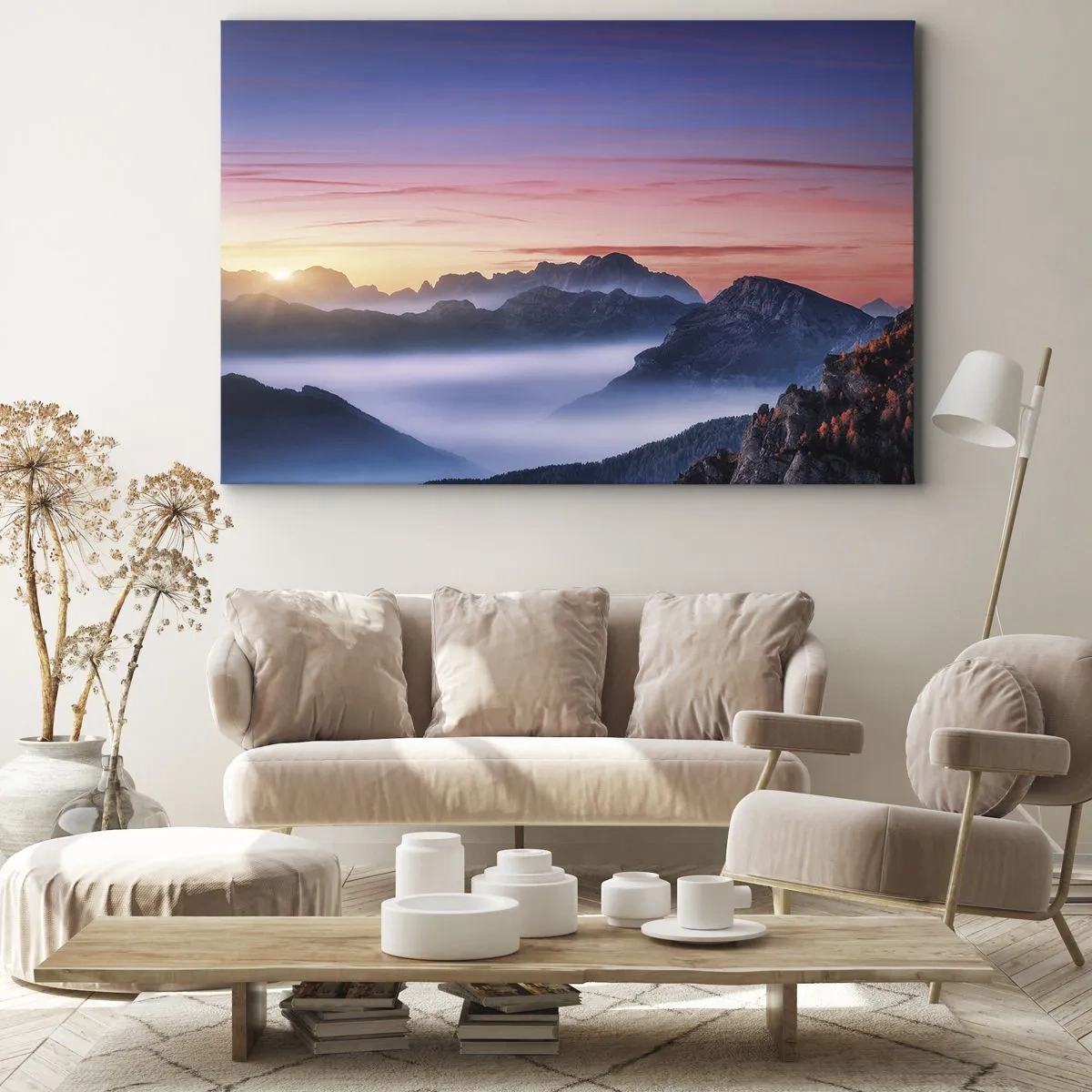 Bild auf Leinwand - Leinwandbild - Berglandschaft bei Sonnenaufgang mit Nebel in den Tälern - 120x80cm - Über die Täler - Moderne Wanddekoration für Wohnzimmer und Schlafzimmer ARTTOR