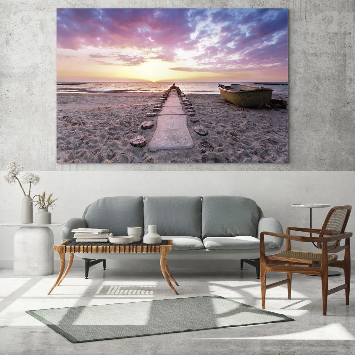 Glasbild - Bild auf glas - Sonnenuntergangsstrand mit Boot und Pier - 120x80cm - Ein Moment tiefer Erfahrung - Moderne Wanddekoration für Wohnzimmer und Schlafzimmer ARTTOR