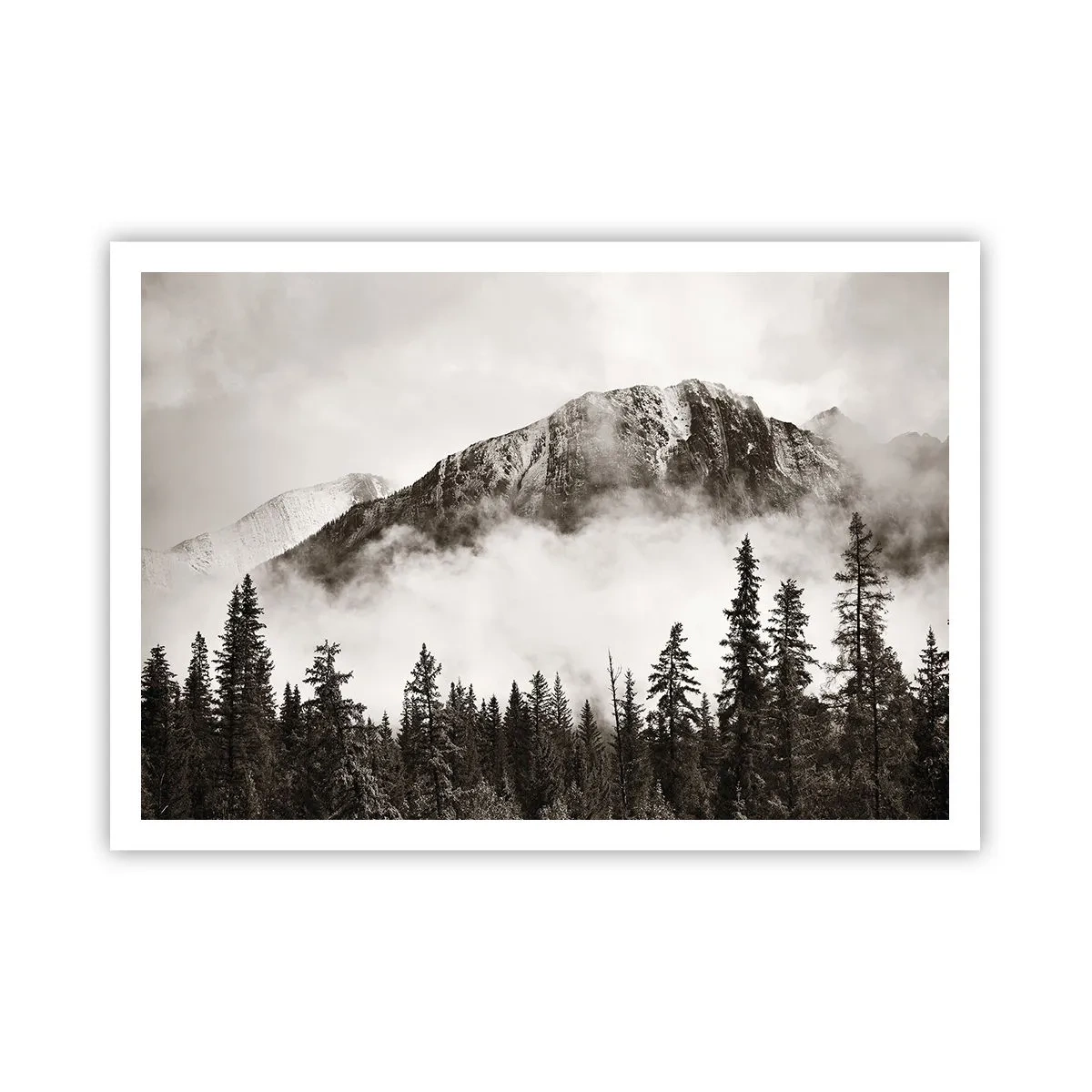 Poster - Ein malerischer Berggipfel, umgeben von Nebel und einem sepiafarbenen Wald - 100x70cm - Lineal aus Granit - Moderne Wanddekoration für Wohnzimmer und Schlafzimmer ARTTOR