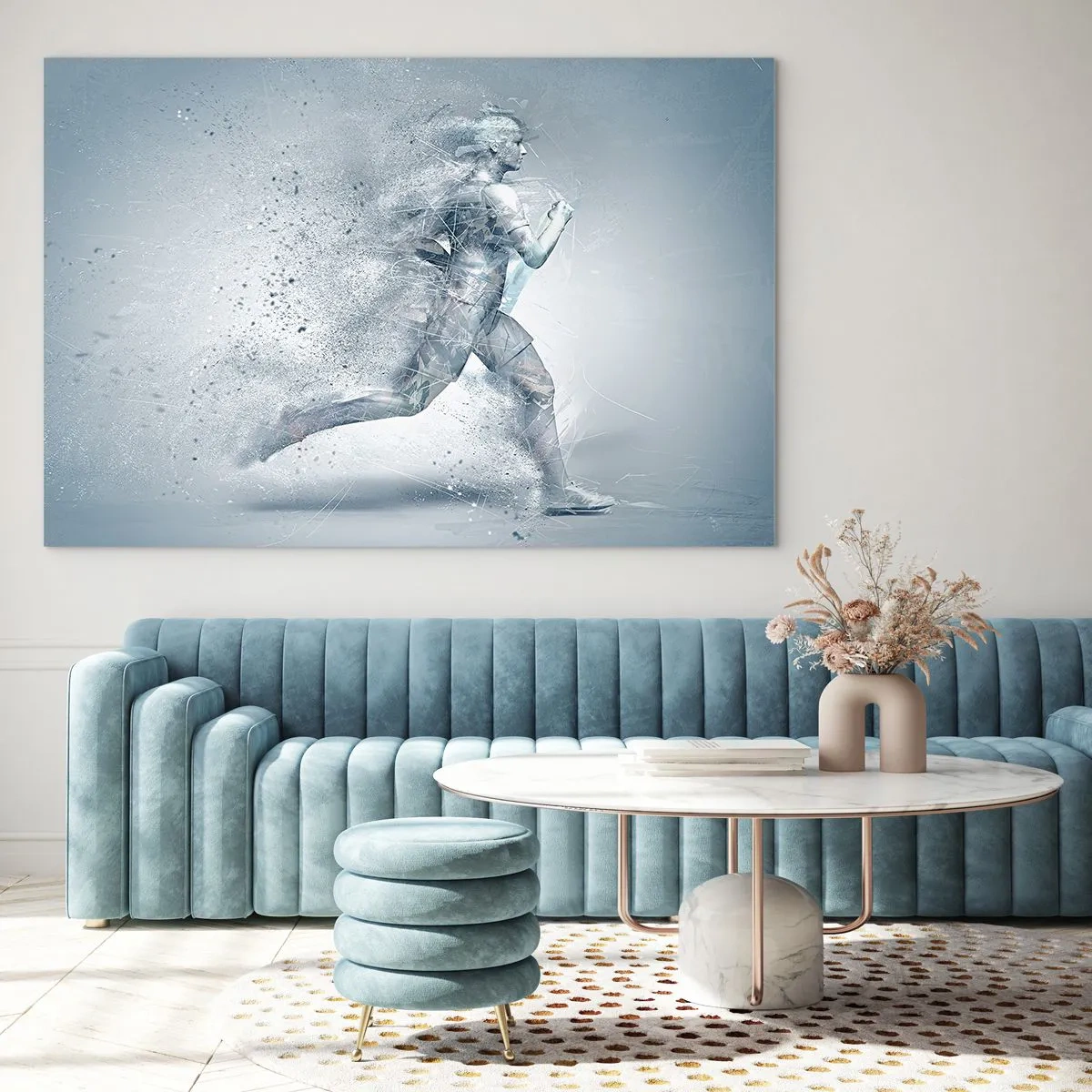 Glasbild - Bild auf glas - Silhouette einer laufenden Figur in abstrakter Form - 120x80cm - Kristallklare Energie - Moderne Wanddekoration für Wohnzimmer und Schlafzimmer ARTTOR