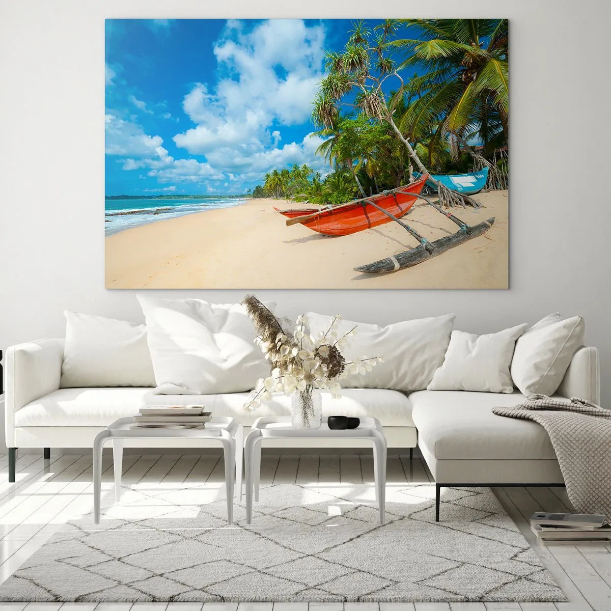 Glasbild - Bild auf glas - Tropischer Strand mit Palmen und traditionellen Booten - 100x70cm - Der Charme der Tropen - Moderne Wanddekoration für Wohnzimmer und Schlafzimmer ARTTOR